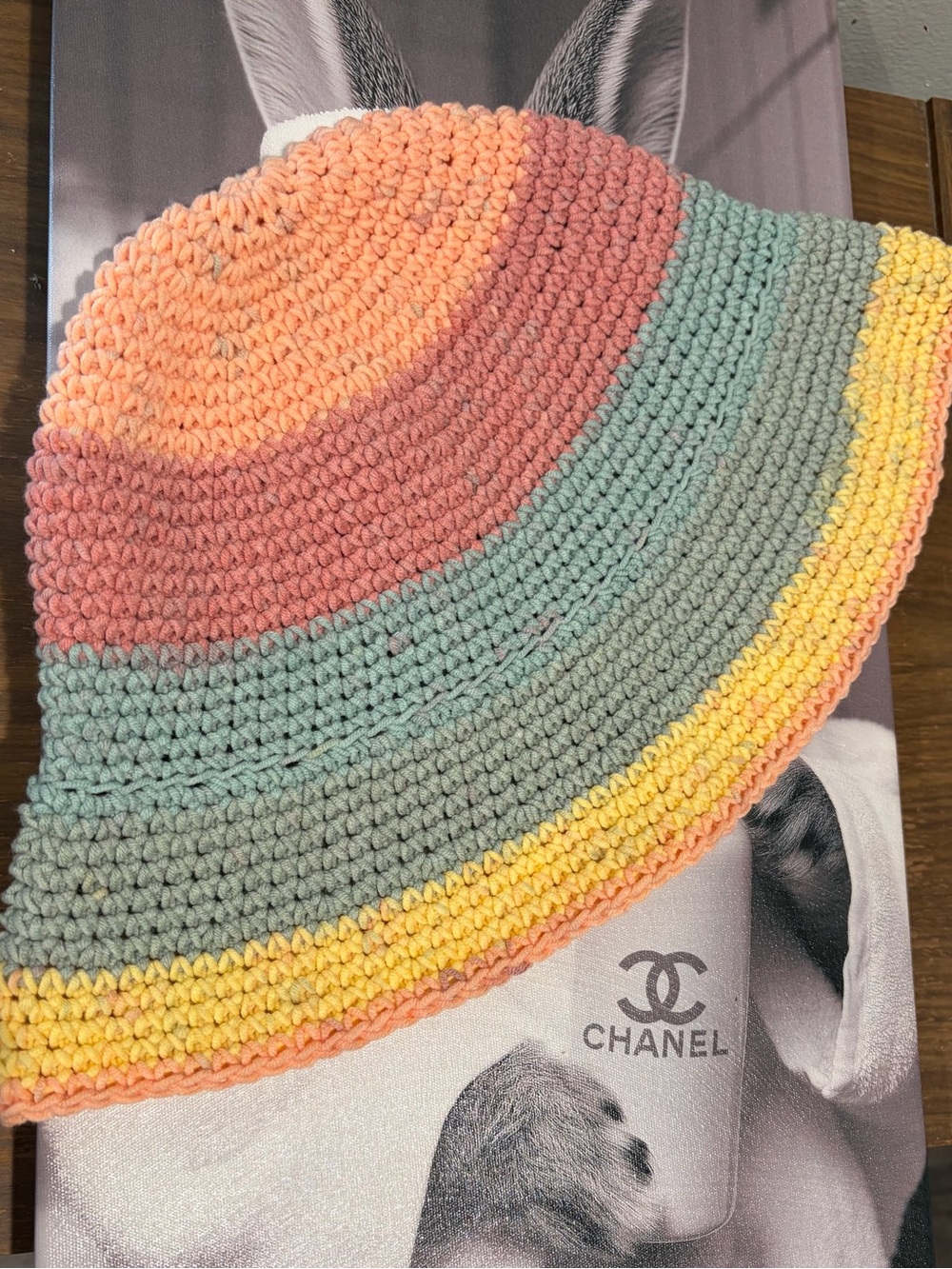 Hand-Crocheted Multicolor Bucket Hat - Pastel Pink, Mint & Yellow - Picture 4 of 4